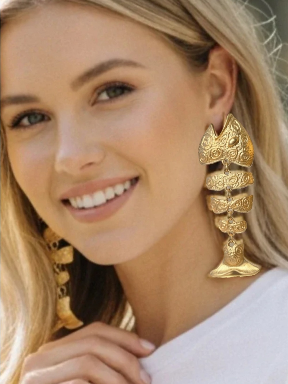 18k Matte Gold Plated Baroque Fish Dangle Earrings - Bold - Unique - Pierced - Picture 2 of 5